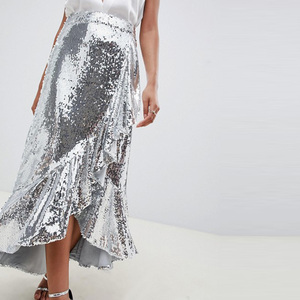 High Shine Embroidered Natural Waist Casual High Low <strong>Skirt</strong> in <strong>Silver</strong> Ladies Metallic Maxi <strong>Skirt</strong> - Product Image 4