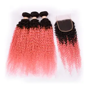 wholesale Ombre weave Hair Weft Peruvian textured Kinky Curly 1B/Rose Pink Human Hair pink Bundles free part With Lace Closure