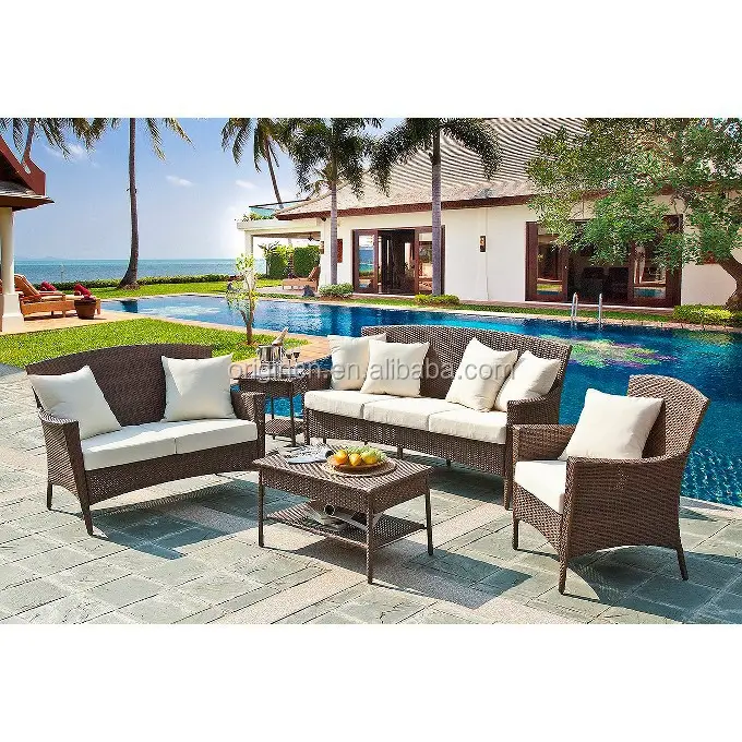 Luxury Design 4 Piece Pool Side Outdoor Garden Furniture 6 Seater Rattan Chairs Side Table