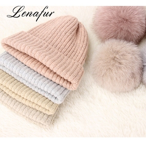 Winter wool hats with leather Fox pompom balls cashmere blends made North hats - Product Image 3