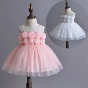 Top Qualität Kinder neues Modell Baby 1 Jahre alt Geburtstag rosa Blume Party Kleider niedlichen weißen Mädchen erste Heilige Kommunion Kleid