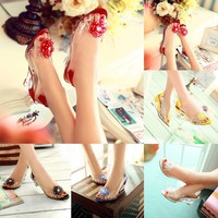 Sandales transparentes à talon compensé pour femmes, style escarpins à bout ouvert avec fleurs et strass