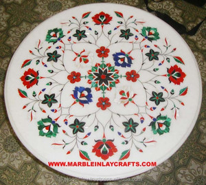 Round Marble Inlay <b>Decorative</b> White <b>Table</b> <b>Top</b> - Product Image 1