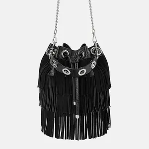 Custom black suede leer fringe vrouwen emmer handtas dames mode trekkoord handtas