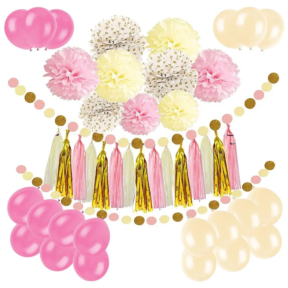 Pink And Dot Pompon, 2 Pcs Dot Garland 15 Pcs Tassel 22 Pcs Latex Balloon For Wedding Decoration
