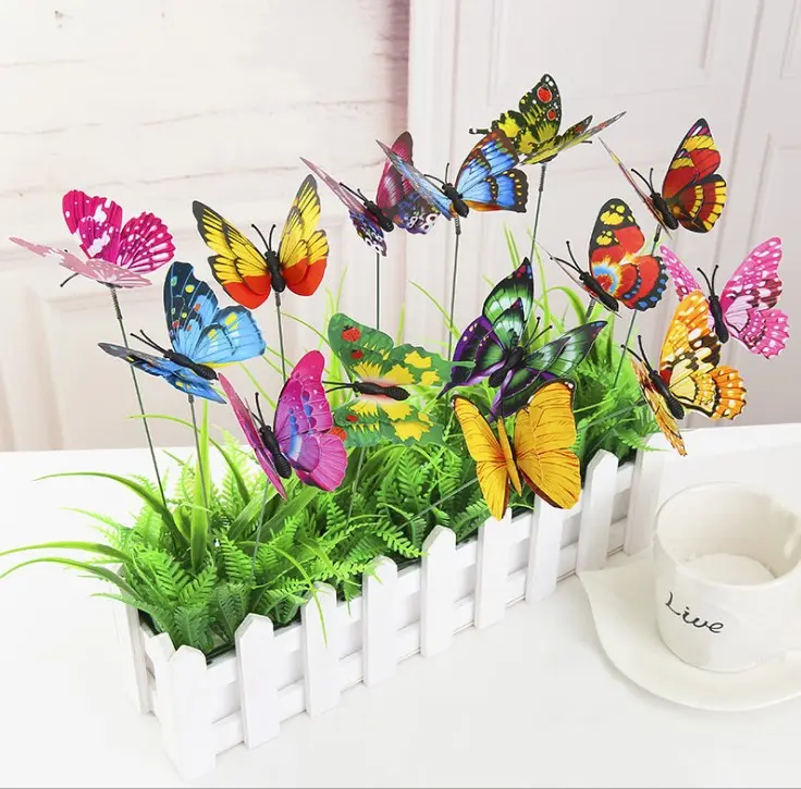 Садовые домики-бабочки, двухслойные крылья-бабочки, красочные бабочки на палочках для сада, садовый цветочный горшок, украшение для лужайки, двора