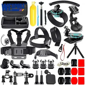 Aksesori Kamera Olahraga Go Pro, Aksesori Kit 50 Dalam 1 Untuk Go Pro 9 8 7 6 5 4 dengan Braket dan Tas Pelindung