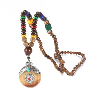 New Style Vintage Wooden Beads Necklace Jade Tibetan Silver Wood Necklace Jewelry For Women Men
