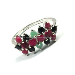 Bague en argent sterling 925 avec pierres précieuses naturelles rubis, émeraude, saphir, bague BOHEMIA tendance pour cadeau de mariage unisexe. - Product Image 2