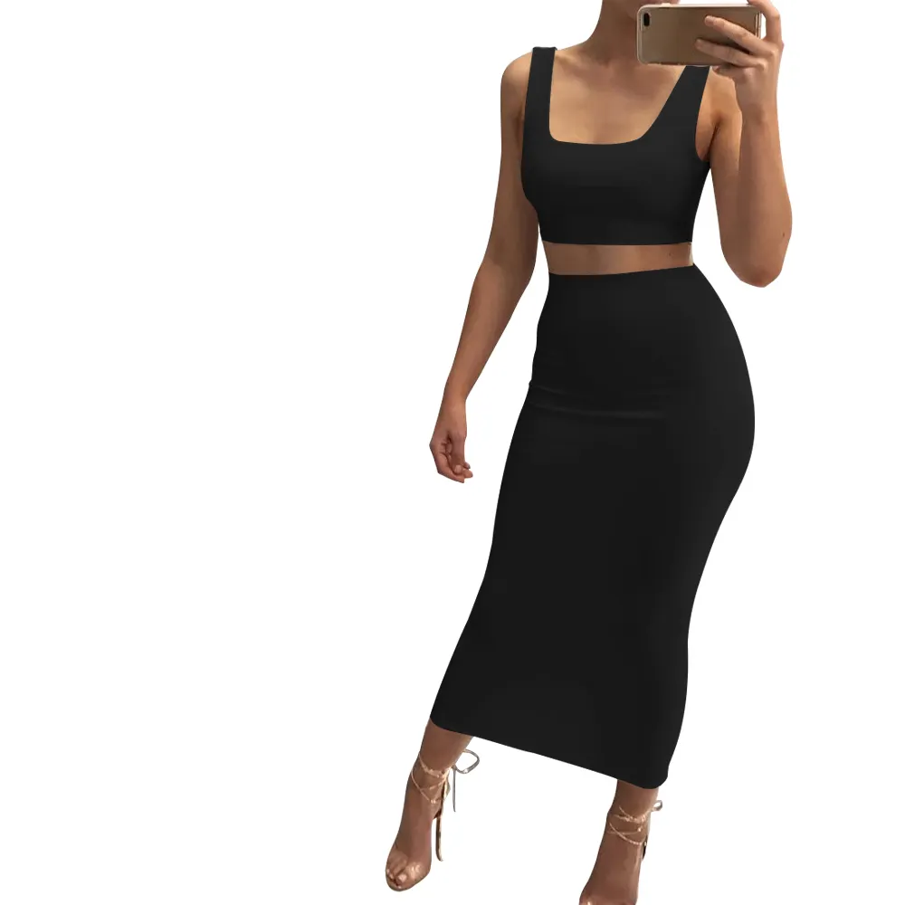 Sexy Frauen Tank ärmellose Crop Top Bodycon 2 Stück lange Rock Outfits Cocktail kleid