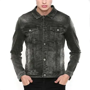 Bergaya Pabrik OEM Pria Hitam Slim Fit Dicuci Denim Jaket Jeans