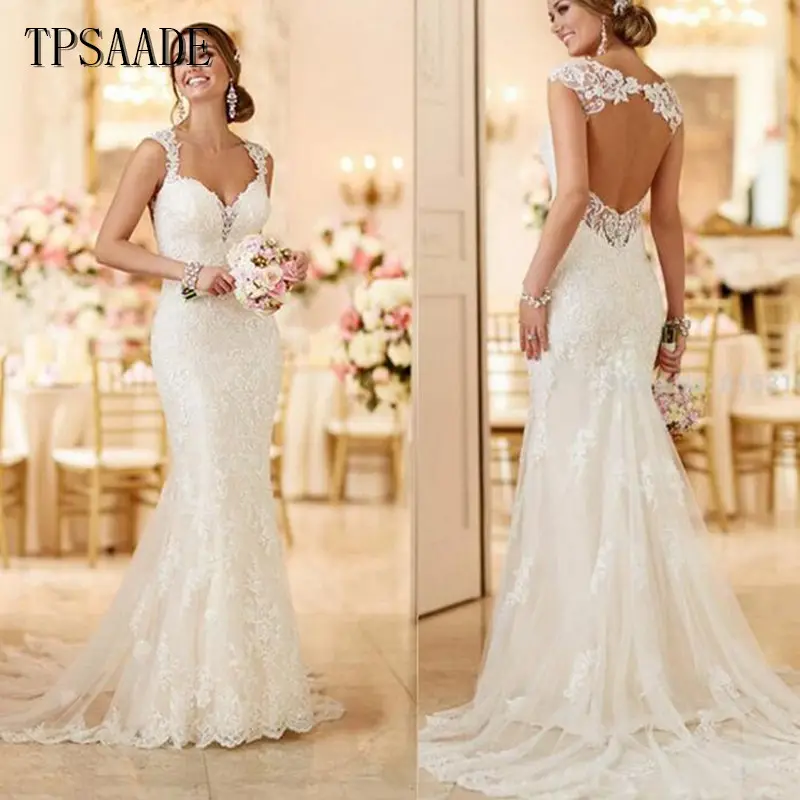 Lace V Neck Backless Appliques Bridal Gown Sleeveless Sweep Train Mermaid Wedding Dress 2020 WF077