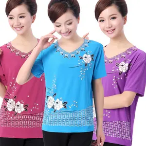 Summer fashion loose women blouse elegant short sleeve V-neck embroidered plus size ladies fancy blouse