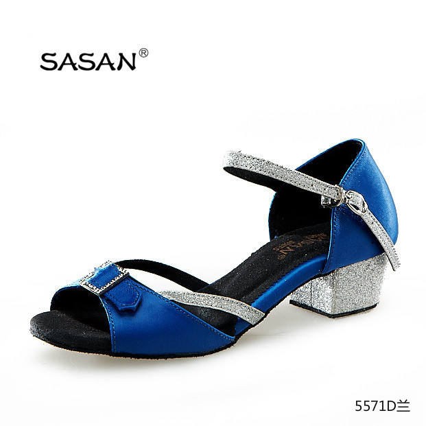 Blue Satin Cuban Low Heel Girl Dance Shoes Square Diamond Buckle Kid Dance  Shoes - Main Image