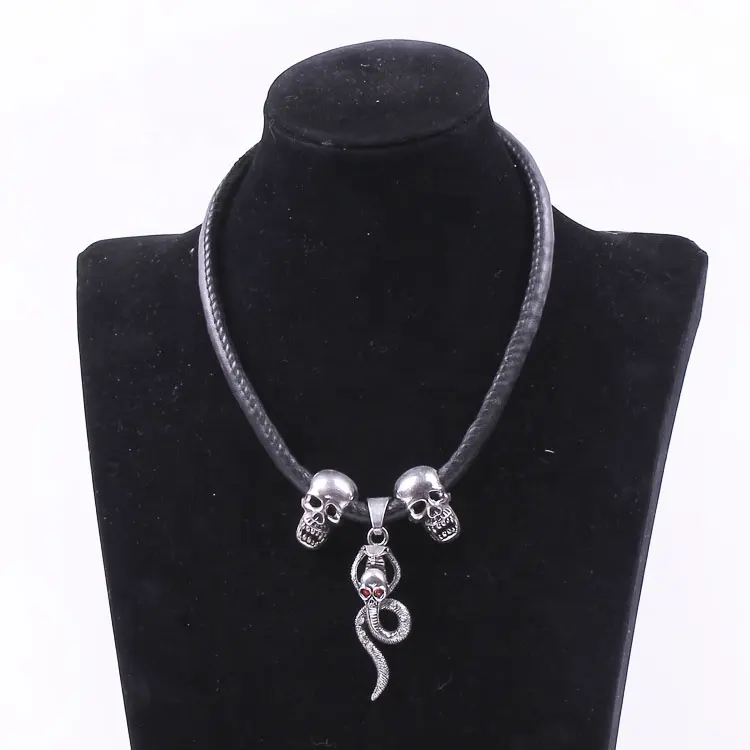 Silver Black Choker Necklace for man, Punk PU Leather Choker Necklace with Snake and Skull Pendant Goth Collar Choker