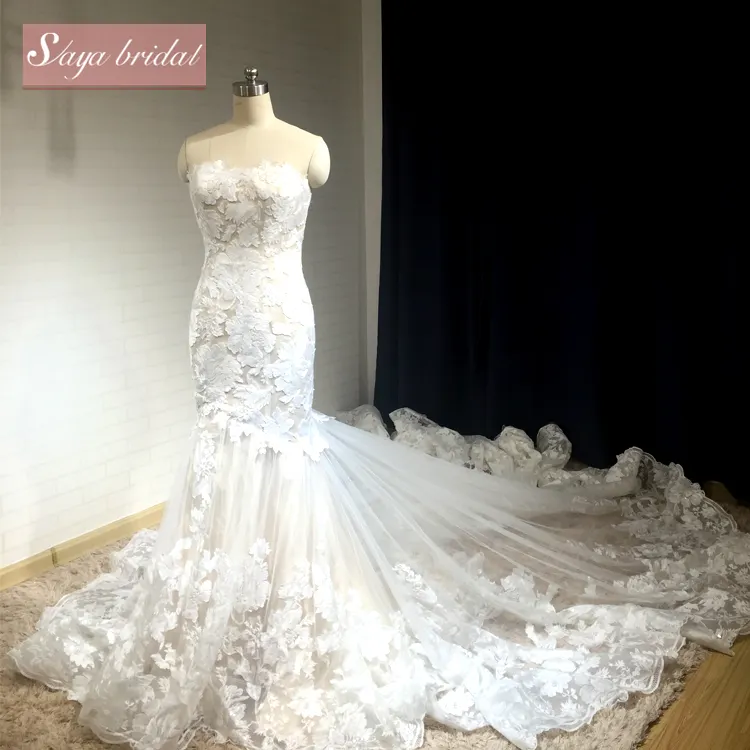 Vestido de novia de encaje de hilo principal con apliques