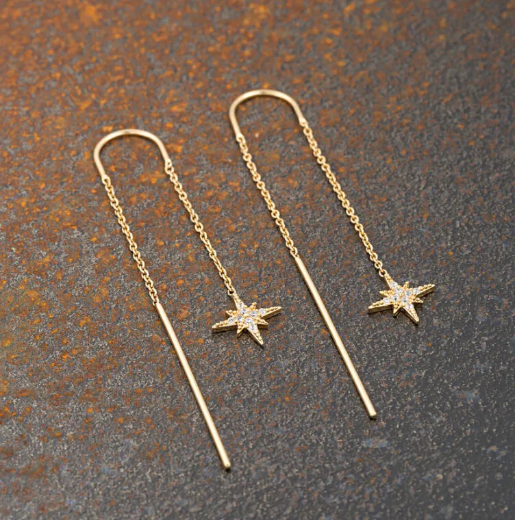 Orecchini di gioielli in argento 925 di design lungo da donna di moda personalizzata con orecchini a stella a catena e orecchini pregiati placcati in oro