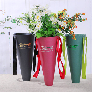 Cone Shape Cardboard Flower Box With Carry Ribbon Handle