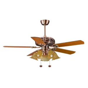 52 Inch Five Wood Blade And Classic Glass Lamp Shade Pull Chain Switch Pure Copper Motor Ceiling Fan With Light