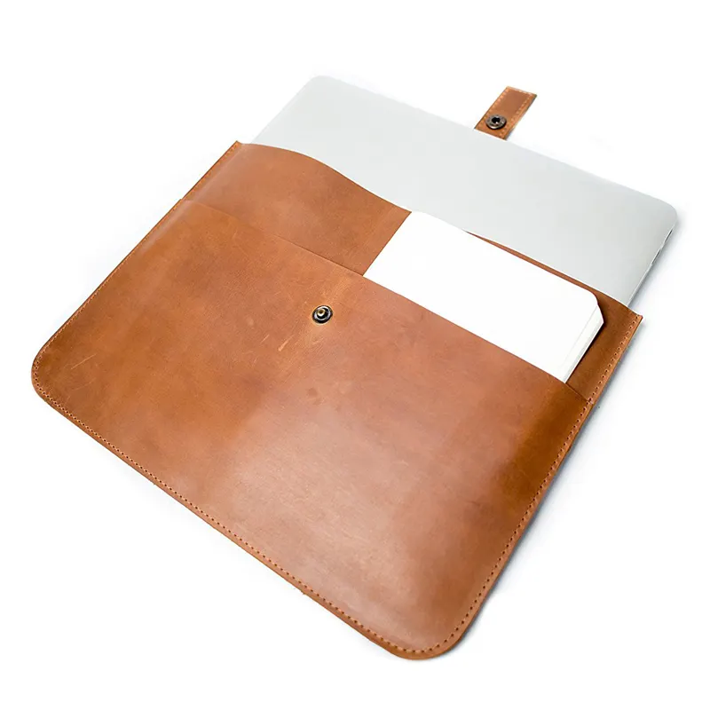 Brown crazy horse genuine calf leather laptop sleeve cover for 13 inch Macbook