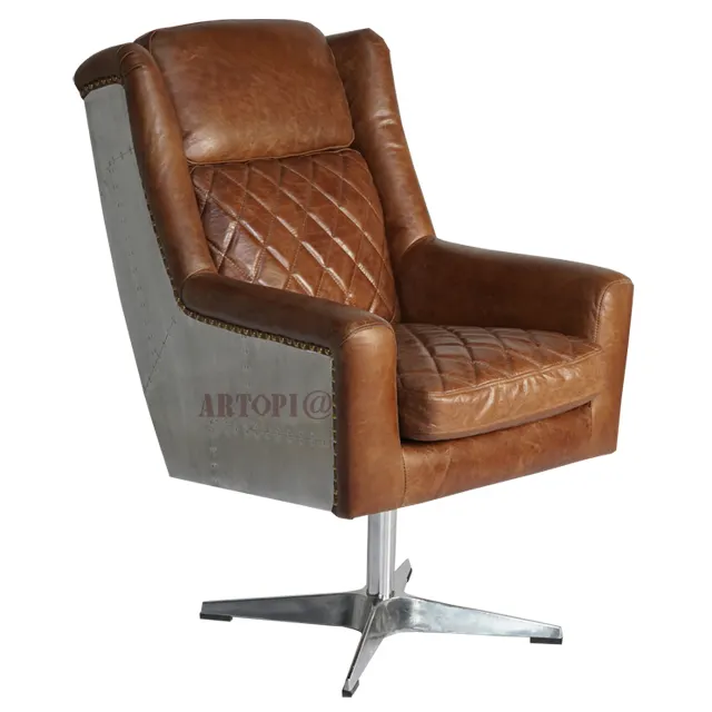 Retro swivel leather study sofa chair executive computer office chair with ottoman without wheels