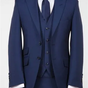 शीर्ष बेच कस्टम मेड नेवी ब्लू पुरुषों सूट 3 टुकड़े जैकेट पंत बनियान