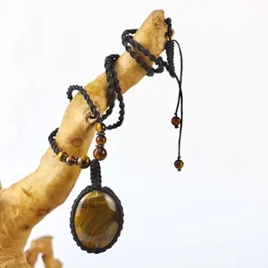 LS-D893 High Quality handmade braiding jewelry, macrame knot tiger eye braiding necklace, tiger eye pendant necklace