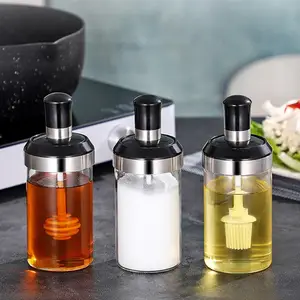 透明调味盐瓶玻璃振动瓶果酱香料罐容器，带勺刷