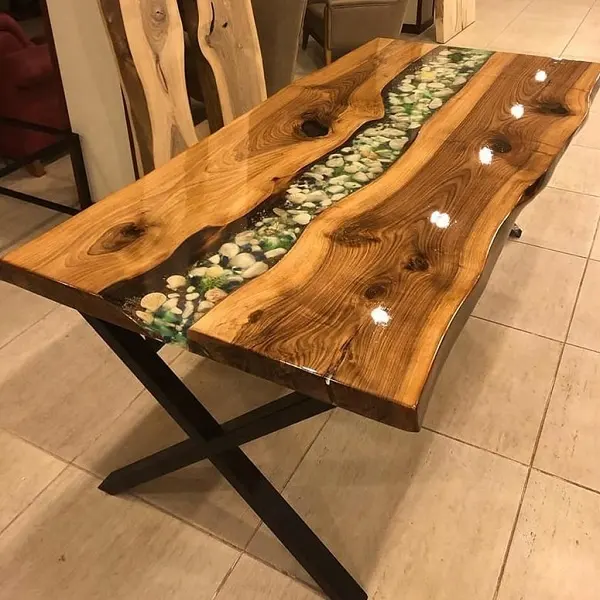 Luxus-Design Beliebtester Massivholz Walnuss klarer Fluss Eingelegter Stein Epoxid Holzharz Tisch