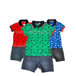 2017 All Over Printing Green European Style Baby Denim Shorts With Polo Shirt Wholesale Boy Wear Summer Clothes