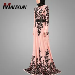 Produk Penjualan Terbaik Gaun Kaftan Desain Cetak Hitam Gaun Gadis Muslim Seksi Foto Gaun Panjang Abaya Turki Elegan Lengan Panjang