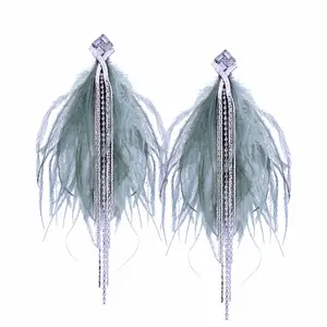 2018 Wholesale Fashion Handmade Earrings Jewelry Accessory Long Rhinestone Feather Gold Plated Tassel Earrings For Women