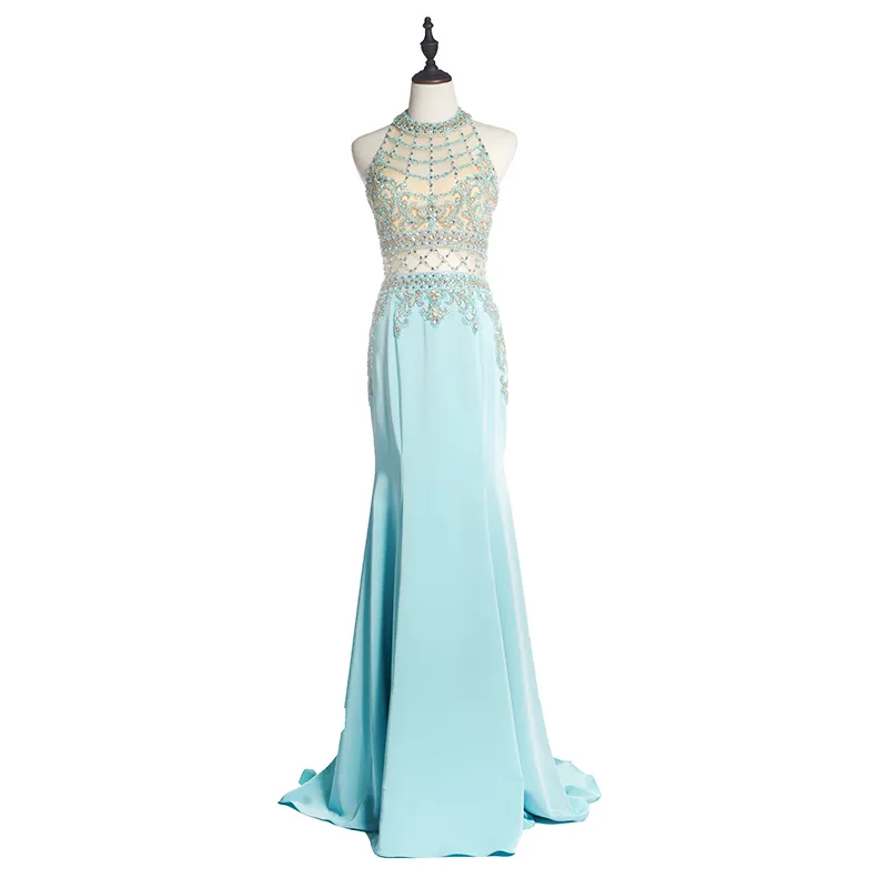 Blue Bridesmaid Dress 2019 Women Sexy Evening Dresses Long Gowns Halter Beaded Chiffon Dresses