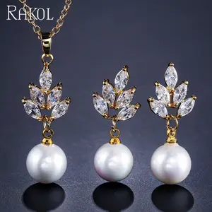 RAKOL SP3005 simple design crystal leaf shape CZ zircon pearl pendant chain wedding bridal necklace earrings set