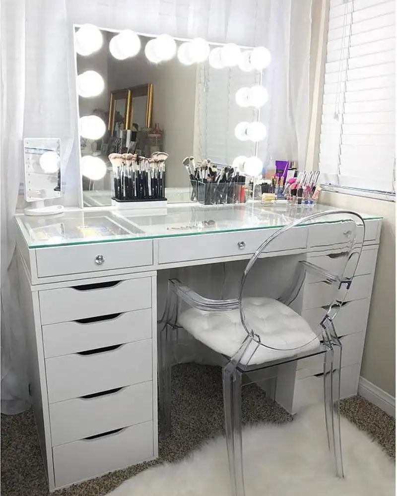 LEDミラー付きホワイトカラー化粧鏡ハリウッド洗面化粧台化粧台卸売寝室用家具