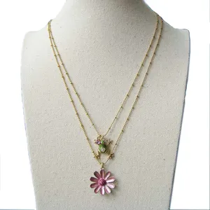 Gold Plated Pink Daisy and Green Frog Pendant Alloy Necklace