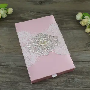 Wholesale Luxury Lace Custom Silk Wedding Invitation Box in Pink and hardcover fabric silk box invitation cards