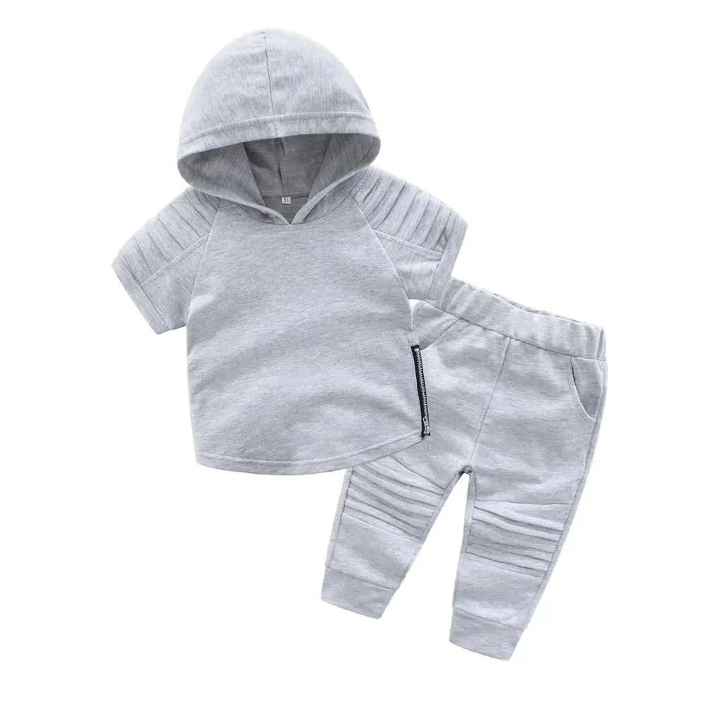Yaz çocuk giyim gri kısa kollu hoodie seti eşofman yürümeye başlayan bebek erkek giyim seti
