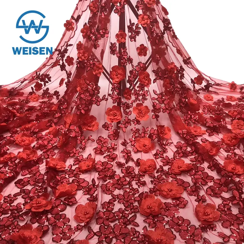 Braut Blume Blütenblatt Floral Pailletten Stickerei Afrikanische Organza Rot 3D Spitze Stoff