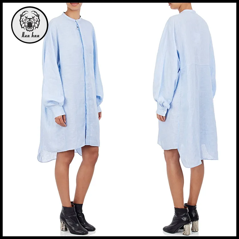 Diseño Loose Women Ropa De Cambray Azul Claro Largo Puff Manga Shirtdress Cambray Camisa de Vestir