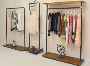 Vintage American eisen rohr rahmen boden kleidung racks kleidung shop kleidung display mit einem holz regal - Product Image 3