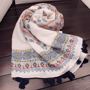 ZP new white blue extra size woman bohemia tassel cotton shawl scarf