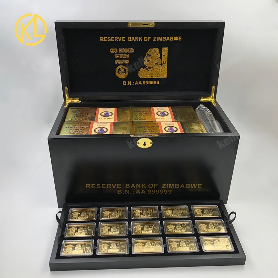 Fedex Verzending 1280Pcs Honderd Biljoen Dollar Zimbabwe Gold Bankbiljetten Met 30 Gold Bar En 1 Houten Doos En certificaten