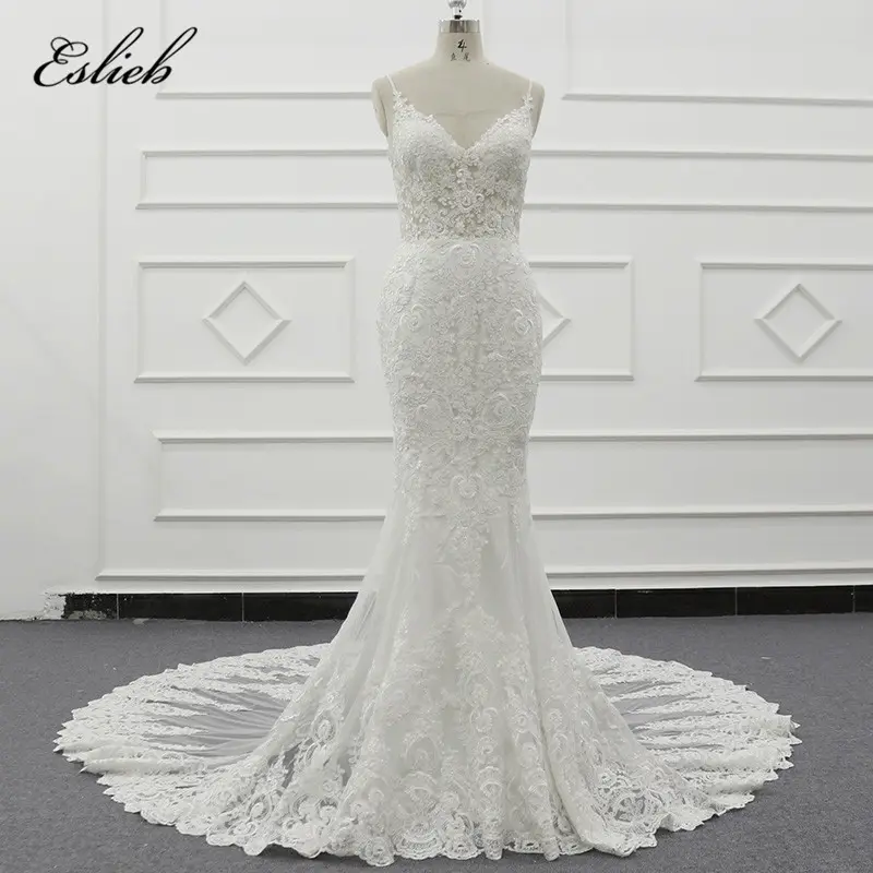 Eslieb spaghetti strap sexy beach wedding dress sheer bodice lace appliques bridal gown V neck robe marry wedding dresses