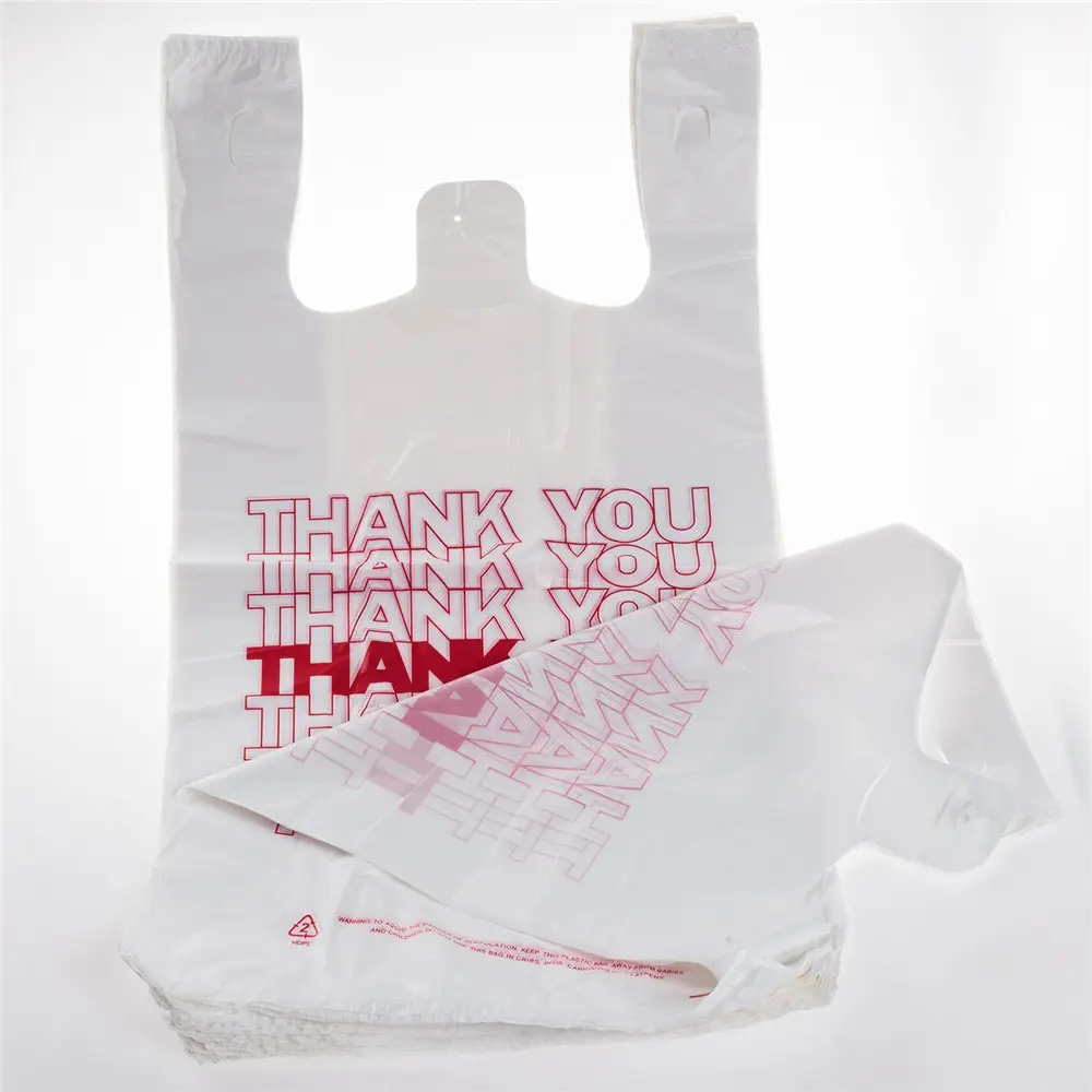 HDPE ที่กำหนดเองพิมพ์ขอบคุณพลาสติกเสื้อยืดกระเป๋าเสื้อกั๊กจับถุงช้อปปิ้ง