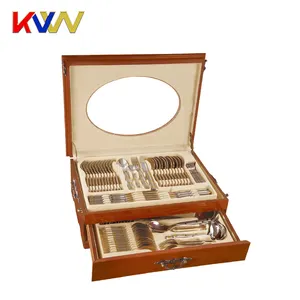 86PCS China manufacturer royal gold stainless steel cutlery set with wooden case