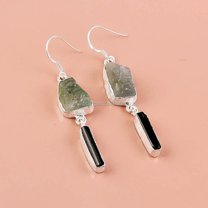 Boucles d'oreilles en argent sterling 925 faites à la main bijoux en pierres précieuses naturelles avec aigue-marine et tourmaline noire Style tendance - Product Image 1
