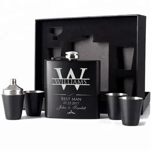 6Oz Matt Đen Tùy Chỉnh Khắc Thép Không Gỉ Hip Flask Bộ Quà Tặng Với 4 Cái Shot Glass