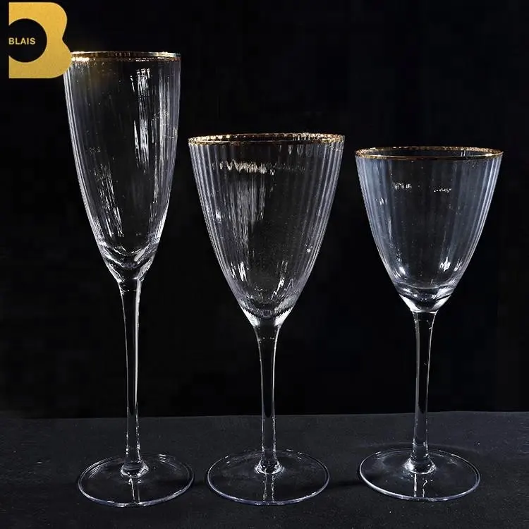 Wedding drinkware set wholesale 275ml champagne glass glass cup ripple wine glass with gold rim