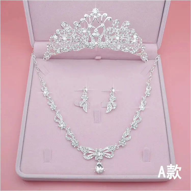 Fashion silver crystal rhinestone princess wedding necklace bridal gift baroque crown tiara jewelry set with box